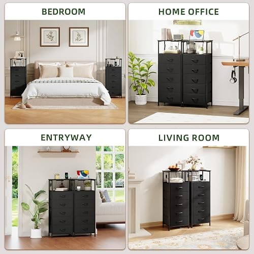 Somdot Black Nightstand with Charging Station and LED Light for Bedroom, Tall 5 Drawers Dresser with Fabric Bins for Bedside Kids Dorm Room Closet Laundry Entryway, Black thumbnail 8
