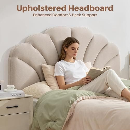 FriFurne Queen Size Headboard Only, Upgraded One-Piece Upholstered Headboard Adjustable Height&Width Full Bed Headboards Modern Soft Linen Petal Curved Padded Head Board, Light Brown thumbnail 3