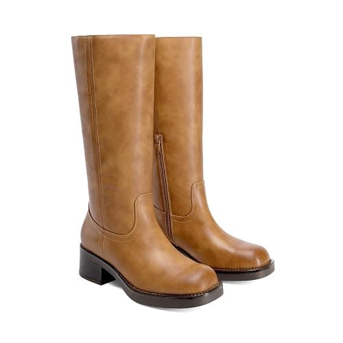 DREAM PAIRS Women's Square Toe Platform Chunky Block Heel Knee High Riding Boots | Square Round Toe,Riding Tall Boots,Side Zipper,Chunky Block Heel,Banana Yellow Brown Color,Summer Fall Fashion Daily Boots thumbnail 8