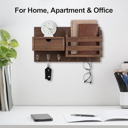 Lwenki Wall Mount Key Holder with Mail Organizer, 100% Paulownia Wood, 7 Metal Hooks, Storage Drawer, Entryway Home Decor (Brown) thumbnail 7
