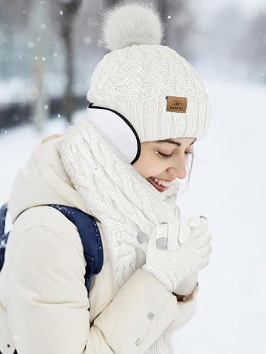 URATOT 4 Packs Winter Warm Set Knitted Pompom Hat Scarf Touch Screen Gloves Ear Warmer 4 In 1 Set for Men or Women thumbnail 7