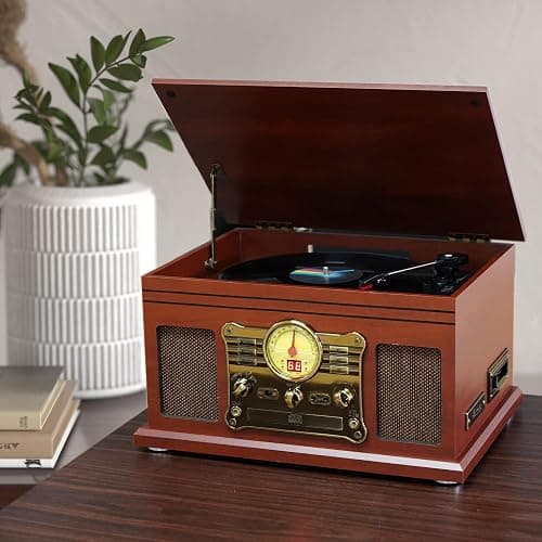 FEKTIK Bluetooth Record Player 10 in 1, 3-Speed Turntable for Vinyl with Speakers, LP to MP3 Converter, CD, Cassette Player, FM Radio, Wireless Streaming | Mahogany - Mahogany thumbnail 6