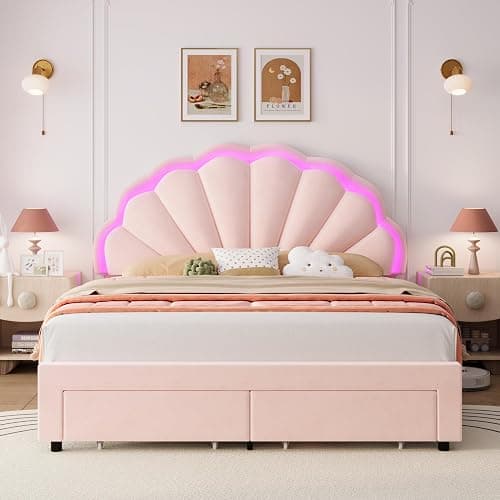 HIFIT Full Size Upholstered Smart LED Bed Frame with 2 Storage Drawers and Adjustable Chic Double Petal Headboard, Princess Platform Bed for Girls, Solid Wood Slats Support/No Box Spring Needed, Pink thumbnail 4