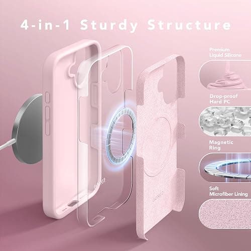 GONEZ Magnetic for iPhone 16 Case, Compatible with MagSafe, [Screen Protector + Camera Lens Protector], Liquid Silicone Shockproof Protective Phone Case for iPhone 16 6.1", Chalk Pink thumbnail 8