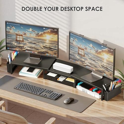 OPNICE Desk Organizers and Accessories, Dual Monitor Stand Riser with Drawer and 2 Pen Holders, Desk Shelf Metal Computer Racks for Office Workspace Organizers, Desktop Organization (Black) thumbnail 5