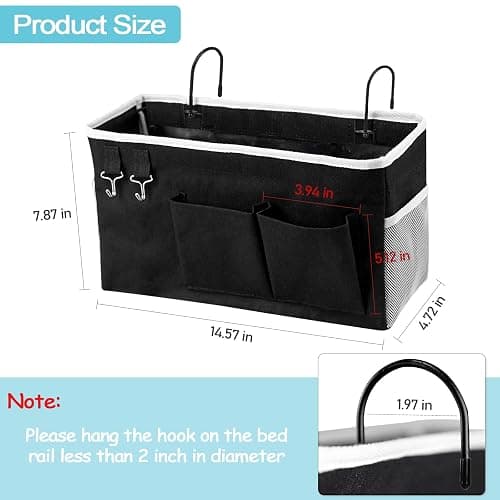 Loghot Bedside Caddy/Bedside Storage Bag Hang/ing Organizer for Bunk and Hospital Beds,Dorm Rooms Bed Rails,Can be Placed Glasses,Books,Mobile Phones,Keys (Black) thumbnail 2