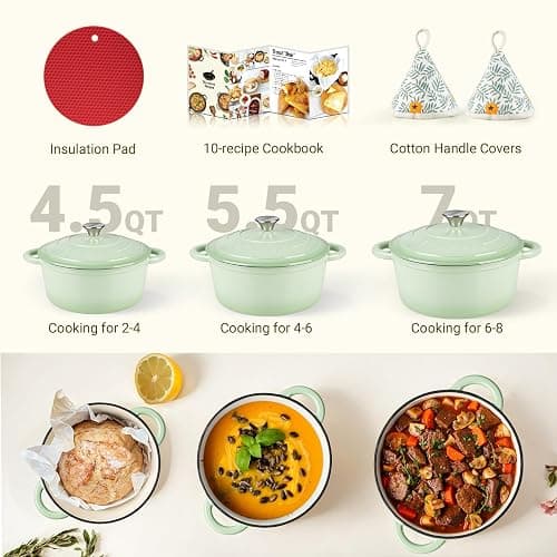 Overmont 5.5QT Enameled Cast Iron Dutch Oven with Lid, Heavy-Duty Pot for Family Meals, Whole Chicken, Braising, Roasting & Sourdough Baking, Cookbook & Cotton Handle Covers thumbnail 7