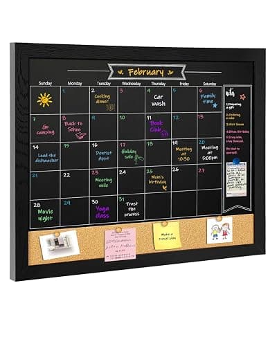 TORASO Magnetic Chalkboard Calendar Corkboard, Small Combination Chalk Board Bulletin Board, 13" x 17",Black Wood Framed Blackboard Calendar Cork Combo Board(ZHHB-BK-3343) - Image 1