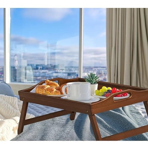 2 Pack Bed Tray Table Breakfast Trays Serving Tray Bamboo Bed Laptap with Floding Legs Handles and Phone Holders - Walnut 2 Pack thumbnail 2