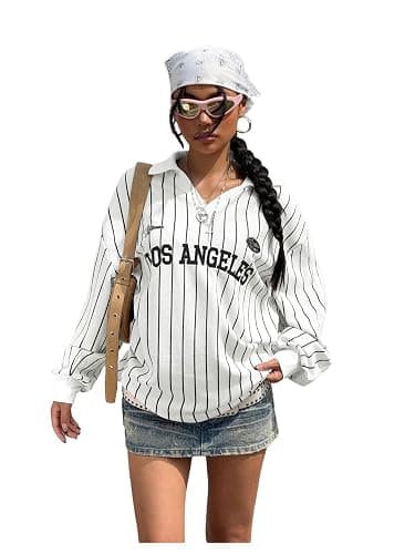 SOLY HUX Women's Oversized Tees Striped Letter Print Y2k Jersey T Shirt Collar V Neck Long Sleeve Loose Tops thumbnail 6