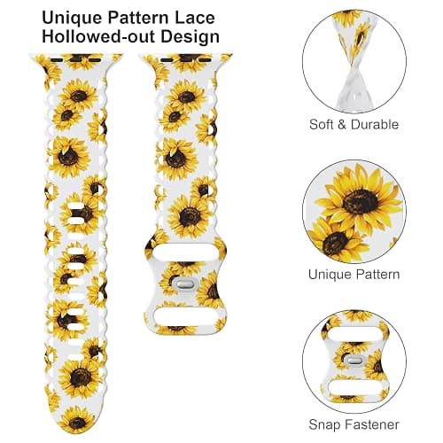 UpfurMach Compatible with Apple Watch Band 41mm 40mm 38mm 49mm 45mm 44mm 42mm Women Girl, Sunflower Print Lace Hollow-out Soft Silicone Sport Bands For iWatch Ultra SE Series 9 8 7 6 5 4 3 2, thumbnail 3