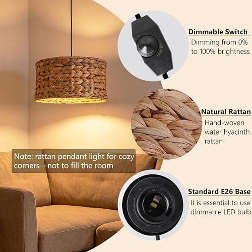 passong Boho Rattan Plug in Pendant Light, 11.8" Hand-Woven Natural Water Hyacinth Lampshade, Small Dimmable Hanging Lamp with 15ft Cord for Bedroom Corner, Reading Nook and Dorm - No Hardwiring thumbnail 4