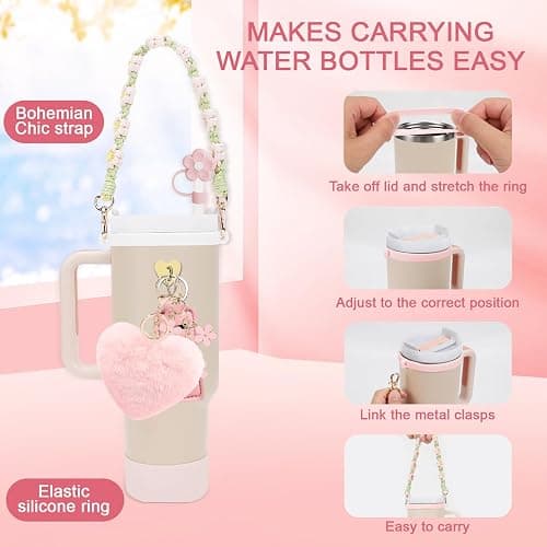 Stanley Cup Accessories Set, 10PCS Stanley Cup Decor Includes Stanley Straw Cover, Water Bottle Handle Strap, Silicone Stanley Cup Boot, Stanley Charms for Stanley Cup Tumbler, Light Pink thumbnail 4