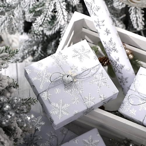 WRAPAHOLIC 3D Kraft Christmas Wrapping Paper Roll - Mini Roll - 17 Inch x 16.5 Feet - Silver and White Snowflake Wrapping Paper with Embossed Perfect for Christmas, Holiday, Party Celebration thumbnail 7