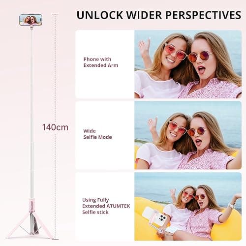 ATUMTEK 1.4m Selfie Stick Tripod, All-in-one Extendable Aluminum Phone Tripod with Rechargeable Bluetooth Remote for iPhone, Samsung, Google, LG, Sony and More, Fitting 4.7-7 inch Smartphones, Pink thumbnail 5