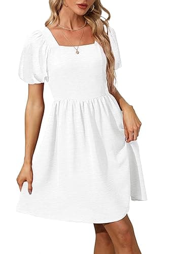 OFEEFAN Women Puff Sleeve Square Neck Tie in Back Dresses with Zipper - X-Small - A White thumbnail 3