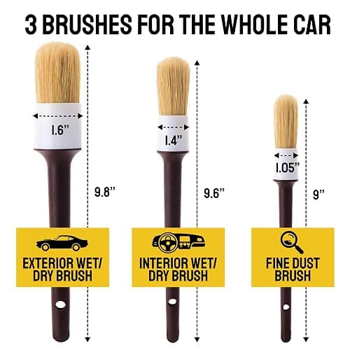 Detail Dudes Car Detailing Brush Set 3-pc - Scratch-Free Boars Hair for Interior and Exterior Work - Pro Quality Car Cleaning Brush Kit for Leather Seats, Dashboards, Wheels, Grills and Paint thumbnail 2