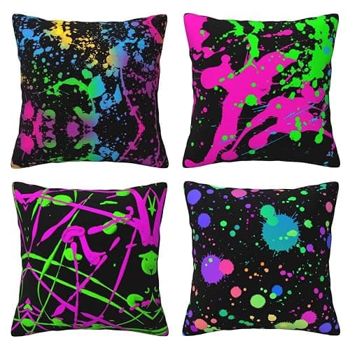 Rqzwdq Glow in Dark Splatter Neon Set of 4 Throw Pillow Covers Square Pillowcase Home Decor for Couch Sofa Bed, Double-Sided Pattern 18x18 Inches - Image 1