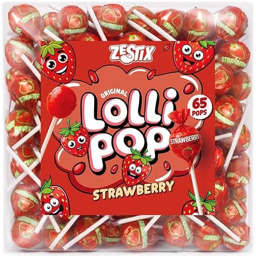 Strawberry Lollipops – 65 Count Bulk Candy Pack, Individually Wrapped Suckers – Sweet Strawberry Flavor – Party Candy, Parade Treats, Birthday Favors & Kids Events - Image 1