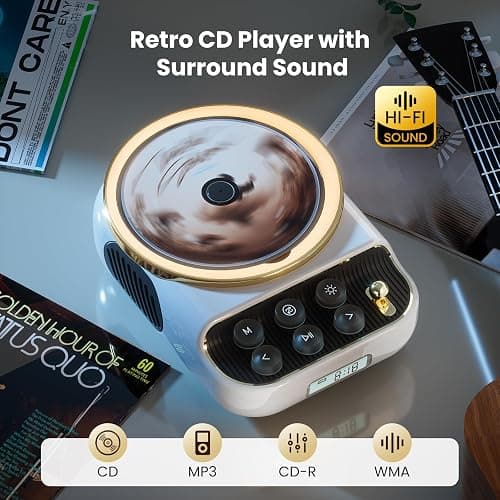 4 in 1 Retro Portable CD Player with Bluetooth Speakers,FM Radio,NightLight | CD Player With Dual Speakers Support TF Card/AUX for Home, Gift, LCD Display,4000mAh Battery,4 Loop Modes,Audio Transmission thumbnail 3