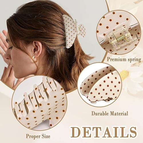 Polka Dot Hair Claw Clip for Women, Lightweight Acrylic Non-Slip Jaw Clip, Small Medium Strong Hold for Thin Hair, Elegant French Style Hair Accessories for Updo Bun Half Up Styles - Beige thumbnail 3
