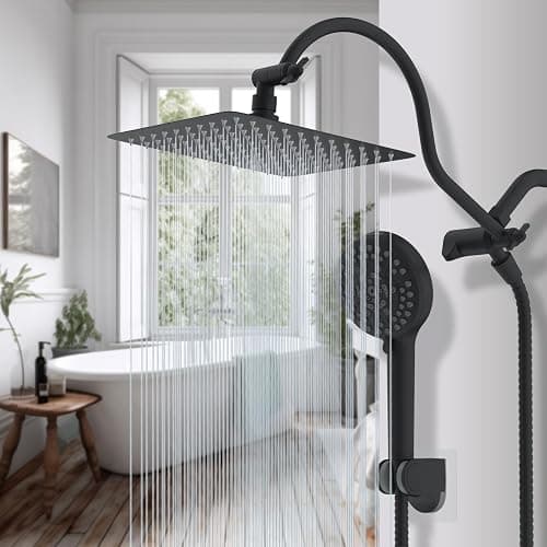Hibbent All Metal High Pressure Rainfall 10'' Shower Head, CUPC Certified Handheld Showerhead Combo, 12'' Adjustable Shower Extension Arm, 10-Spray, 71'' Hose, Adhesive Showerhead Holder, Matte Black thumbnail 2