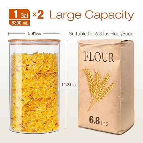 HomArtist Large Glass Flour and Sugar Containers 180oz x2 [Set of 2], Glass Food Storage Containers with Bamboo Lids, Glass Jar with Airtight Lids for Spaghetti Pasta,Rice,Cereal,Candy,Coffee, Oat thumbnail 8