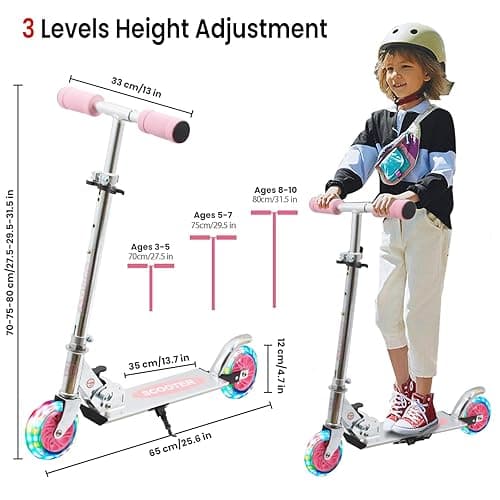 TENBOOM Scooter for Kids Ages 4-7, 2 Wheels Light Up Gift Scooters for Girls Boys Ages 6-12, Easy Folding Kids Scooter with 3 Levels Adjustable Handlebar and Rear Brake… - Slivery Pink thumbnail 2