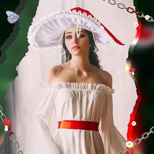 Croloose Mushroom Hat Renaissance Medieval Costume Cosplay Halloween Victorian Fairy Accessories with Bead Lace Brim Cap thumbnail 5
