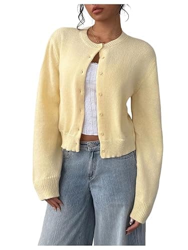SOLY HUX Women's Button Down Long Sleeve Crewneck Crop Cardigan Sweater Cute Knitwear Clothes - Small - Mustard Yellow - Image 1