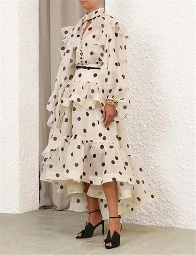 THLAI Women Polka Dot Maxi Skirt Ruffle Layered Long Skirt High Waist Asymmetrical Midi Skirt Summer Skirt thumbnail 4