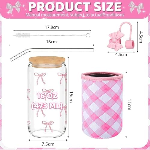 Mrltau 16 Oz Rosa Schleife Deko Glas Mit Deckel Und Strohhalm Und Bechermanschette, Iced Coffee Cup Aesthetic Stuff Clean Girl, Aesthetic Gläser Gift for Women, Summer Must Haves for Teen Girls thumbnail 2