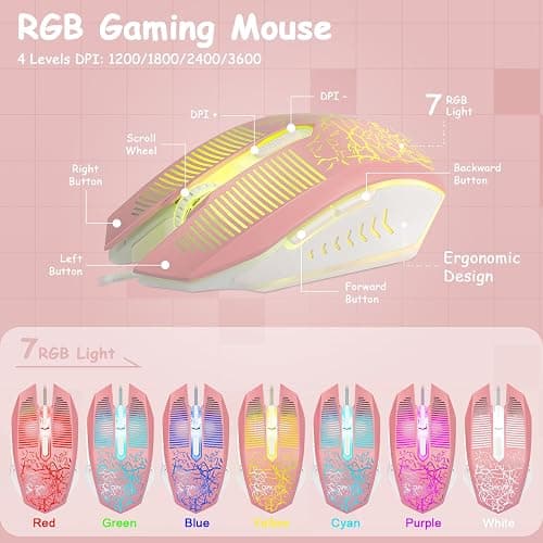 CHONCHOW Pink Gaming Keyboard and Mouse Combo with LED, 104 Keys Wired Light Up Pink Keyboard and Cute Mouse Set for PC Laptop Computer PS4 Xbox, 19 Keys Anti-ghosting, Multimedia Keys, Number Pad thumbnail 3