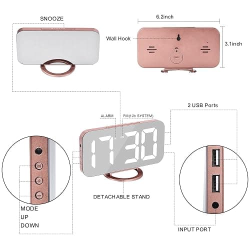 SZELAM Alarm Clock for Bedroom,LED and Mirror Digital Clock Large Display,with Dual USB Charger Ports,Auto Dim,Snooze Mode,Modern Desk/Wall Electronic Clock for Girl Woman Mom Teens - Rose Gold thumbnail 2