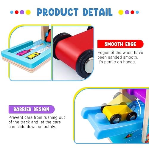 Montessori Toys for Toddlers, Children Race Track Toy with 4 Cars and 1 Wooden Parking Lot, Stable Base, Car Ramp Toy for 1 2 3 Year Old Boy Girl Gifts thumbnail 5