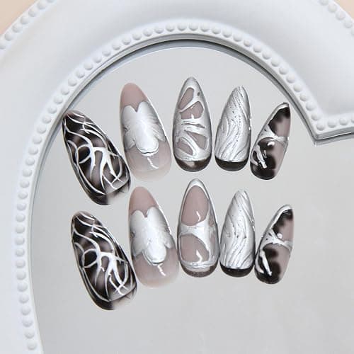 24 Stück Press on Nägel Y2K Medium Almond mit 3D Metall Schleife und Perlen Design - Schwarzer Gradient - Vollständiger Überzug - Falsche Nägel thumbnail 5