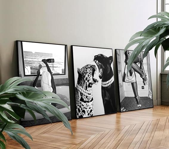 3 Pcs Fashion Leopard Print Posters Paintings Funny Woman Drinking in Bathtub Paintings Black and White Photography Beautiful Woman Print Preppy Style Wall For Bedroom Living Room 12×16 Inch Unframed thumbnail 6