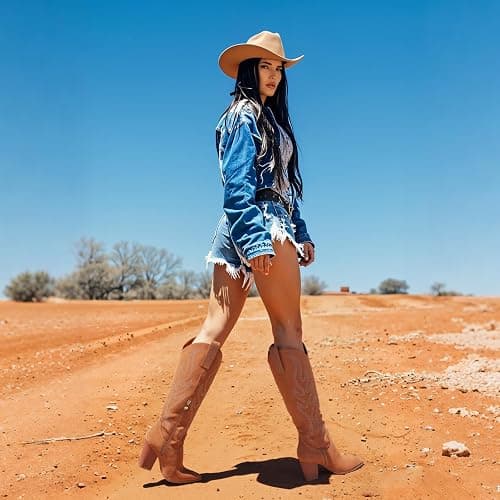 Celbreez Cowgirl Boots for Women Embroidered Rhinestone Cowboy Boots | 3.2 Inches Chunky Heel, Suede, Knee High Tall, Wide Calf, Side Zipper - Vintage Western Boots, Festivals and Country Outfits thumbnail 3