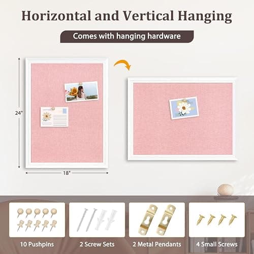 DOLLAR BOSS Bulletin Boards with Linen, 24"x18" Pink Cork Board, White | Corkboards for Walls, Framed Pin Board, Picture Display Vision Board, For Office Home School Girls Dorm Decor, 10 Pushpins thumbnail 3