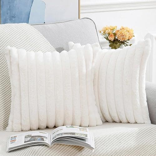 MADIZZ Set of 2 Faux Wool Plush Decorative Throw Pillow Covers 18x18 Inch Cream Fluffy Striped Soft Decorative Cushion Cover for Sofa Bedroom Pillow Shell thumbnail 2
