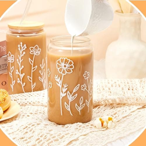 Mumufy 4 Pack Gift for Women Cute Glass Cup Tumbler Flower Iced Coffee Mugs 16 oz Glass with Bamboo Lid & Straw, Mothers Day Birthday Gift for Mom Sister Bridesmaid Baby Shower (Boho Floral) thumbnail 2