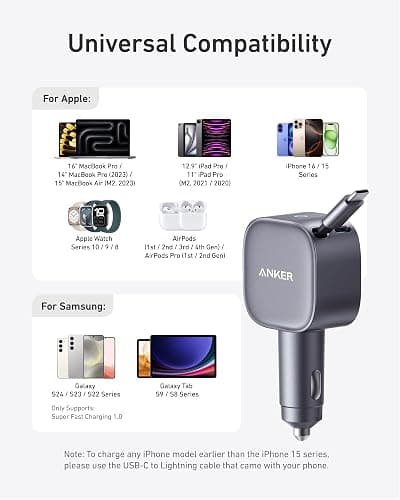 Anker Retractable USB-C Car Charger, 75W Max Fast Charging with Built-in Retractable Cable Car Adapter, Car Accessories for iPhone 17/16 Series, Galaxy S25/S24, MacBook Pro/Air, iPad, and More thumbnail 6