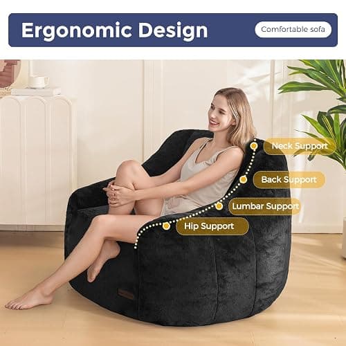 MAXYOYO Bean Bag Chair, Comfy Bean Bag Sofa with Back Support, Faux Fur Bean Bag Chair for Adults and Kids, Stuffed Floor Sofa for Living Room, Bedroom, Apartment, Black thumbnail 6