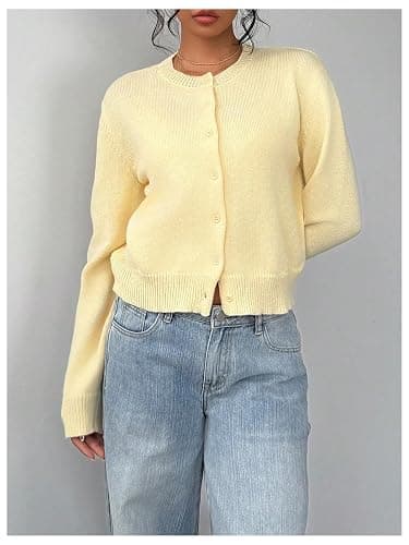 SOLY HUX Women's Button Down Long Sleeve Crewneck Crop Cardigan Sweater Cute Knitwear Clothes - Small - Mustard Yellow thumbnail 5
