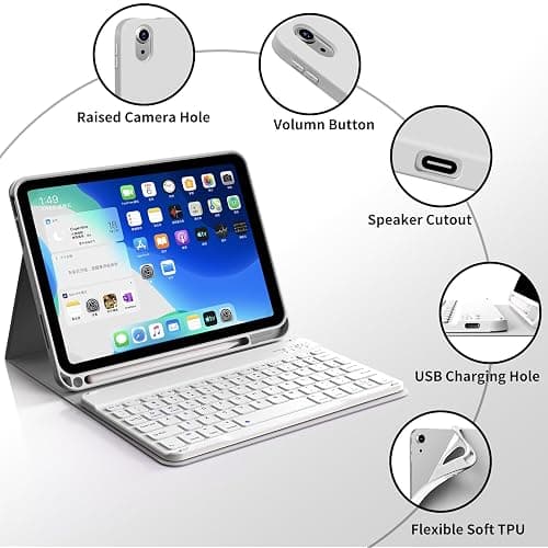 kenke for iPad 11/10th Gen Case with Keyboard 11/10.9 inch 2025 A16/2022, Detachable Wireless Bluetooth Keyboard Case Thin & Light with Built-in Left Side Pencil Holder, White Square Keycaps (Gray) thumbnail 8