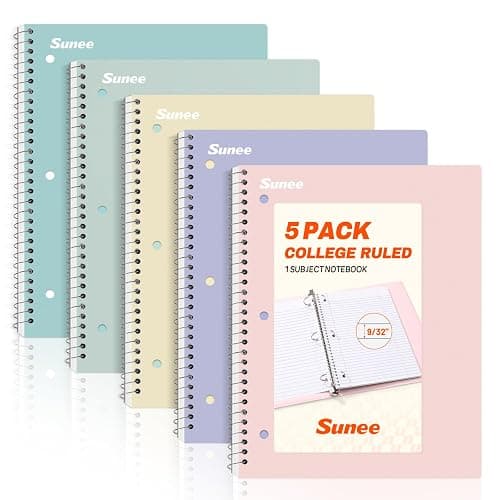 SUNEE Spiral Notebooks, 1-Subject, 5 Pack, College Ruled Paper, 8" x 10-1/2", 70 Sheets per Notebook,3-Hole Punched Paper, Pink,Purple, Blue, Green, Yellow Spiral Lined Notebooks for School,Work - Image 1