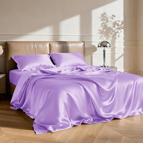 Love's cabin Satin Queen Sheets Set - 4 Piece Lavender Silky Bed Sheets with Deep Pocket, Luxury Silk Feel Satin Queen Size Sheet Set (1 Flat Sheet,1 Fitted Sheet,2 Pillow Cases) thumbnail 2