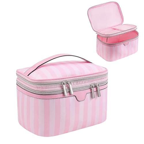 Lestikave Cute Pink & White Large Capacity Stripe Makeup Case with Compartments,Nylon Travel Essentials Coquette Cosmetic Bag, Toiletry Brush Bag With Handle and Divider for Women Girls (02Top Open) - Image 1