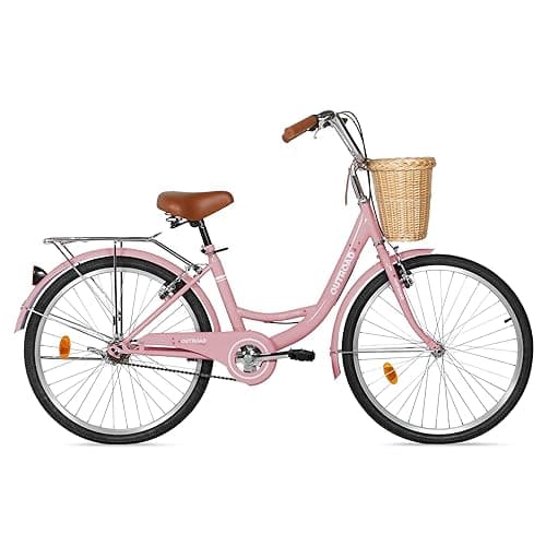 Max4out Beach Cruiser Bike for Adult, Womens Bicycle with Rattan Front Basket, 24 & 26 Inch Comfort Bikes with Adjustable Seat and Dual V-Brake (Pink & White & Green & Purple & Black) - 24 - Pink