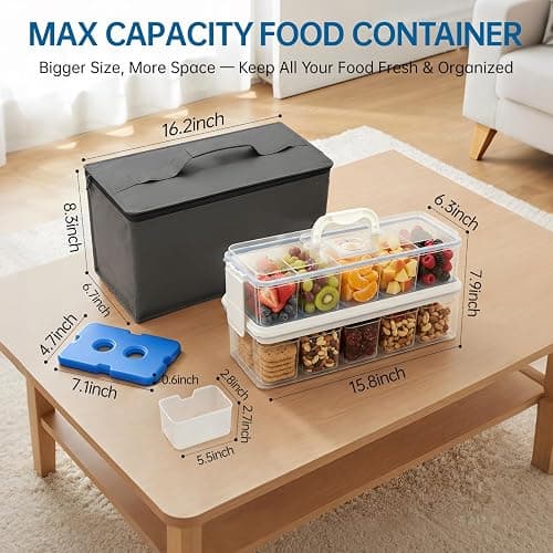 HestiaSnax Snackle Box Container with 2 Ice Packs, Double Layer 10-Compartment Divided Serving Tray, Large Chilled Portable Snack Box with Insulated Bag for Charcuterie, Beach, Travel, Road Trip thumbnail 3